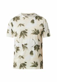 Kortärmad t-shirt i ljus beige med ett mönster av gröna blad. Tillverkad av mjukt material, med rund halsringning och avslappnad passform.