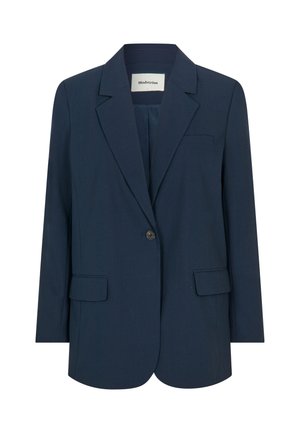 Tamsiai mėlynas švarkas, pagamintas iš lygios medžiagos, su viena mygtuko uždarymo sistema, notch tipo atlapais ir dviem priekinėmis kišenėmis. Strukturizuotas ir pritaikytas dizainas.