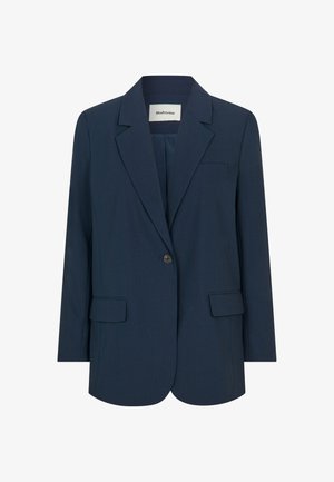 Tamsiai mėlynas švarkas, pagamintas iš lygios medžiagos, su viena mygtuko uždarymo sistema, notch tipo atlapais ir dviem priekinėmis kišenėmis. Strukturizuotas ir pritaikytas dizainas.