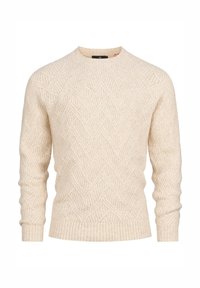Ivory dzianinowy sweter z teksturowanym wzorem zygzaka, z okrągłym dekoltem oraz ściągaczami u mankietów i na dole. Wykonany z miękkiego, trwałego materiału.