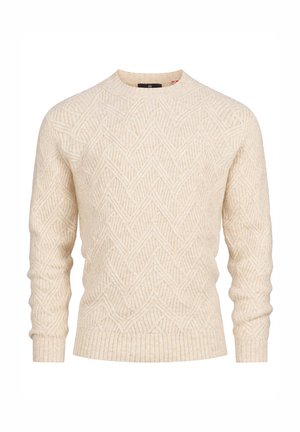 Ivory dzianinowy sweter z teksturowanym wzorem zygzaka, z okrągłym dekoltem oraz ściągaczami u mankietów i na dole. Wykonany z miękkiego, trwałego materiału.