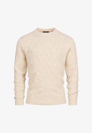 Ivory dzianinowy sweter z teksturowanym wzorem zygzaka, z okrągłym dekoltem oraz ściągaczami u mankietów i na dole. Wykonany z miękkiego, trwałego materiału.