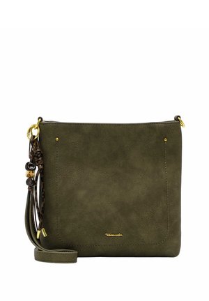 Firkanet olivengrøn crossbody taske med frynser og perleudsmykning, guldfarvet hardware og justerbar rem.