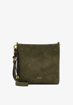 Borsa a tracolla quadrata verde oliva con decorazioni di nappine e perline, hardware dorato e tracolla regolabile.