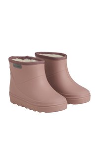 Bottes en caoutchouc roses avec une doublure intérieure douce crème et une cheville élastiquée. Semelle texturée pour l'adhérence, design de surface lisse et bout arrondi.
