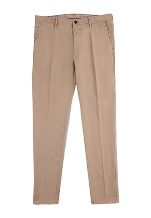 Helle beigefarbene Hose aus Baumwolle mit geradem Schnitt, ausgestattet mit einem Knopfverschluss, zwei Vorderaschen und minimalen Nähten.