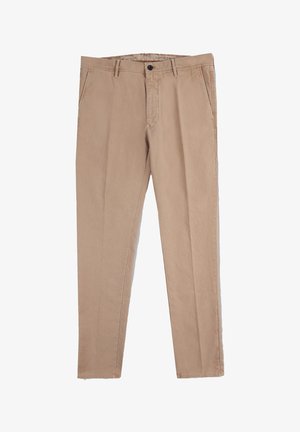 Lichtbeige broek van katoen met een rechte snit, voorzien van een knoopsluiting, twee voorzakken en minimale stikseldetails.