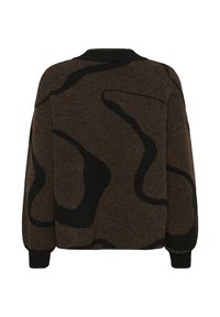 Brown sweater featuring a black abstract pattern, round neckline, and ribbed cuffs. Made from a soft, textured knit material.