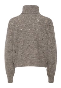 Chunky knit sweater in light brown with a high collar, featuring a textured, open pattern and ribbed cuffs and hem.
