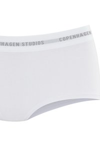 Weiße Baumwollslips mit einem breiten, elastischen Bund, der mit "COPENHAGEN STUDIOS" in Grau geprägt ist. Schlichte, glatte Textur und klassischer Schnitt.