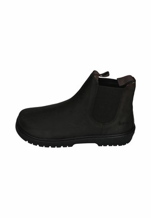 Black leather ankle Chelsea boot with elastic side panels, pull tabs on front and back, and rugged rubber sole.