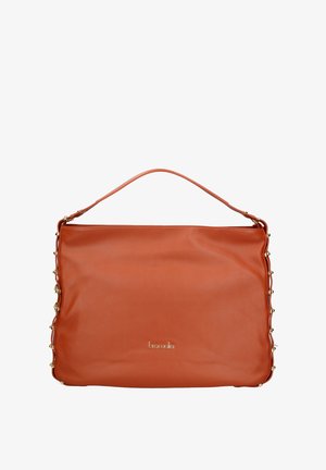 Borsa rettangolare in pelle marrone con manico singolo, dettagli con borchie dorate ai lati e piccolo logo del marchio dorato al centro davanti.