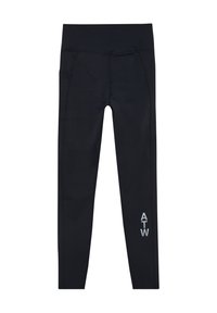 Svarta leggings med en slät textur, som har hög midja och sidofickor. En reflekterande "ATW" logotyp är tryckt på det nedre benet.