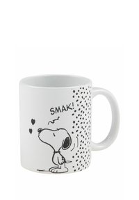 White ceramic mug featuring a cartoon dog illustration with hearts, the word "SMAK!" in black, and a dotted pattern on one side.