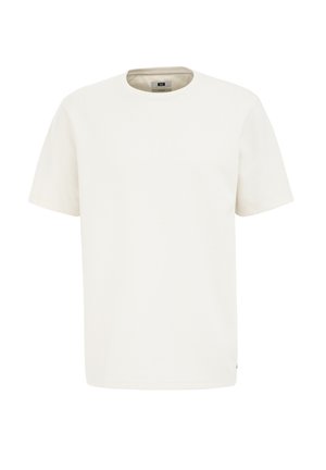 Camiseta de manga corta y cuello redondo en color blanco roto. Fabricada con tejido texturizado, presenta un diseño limpio y un dobladillo recto.