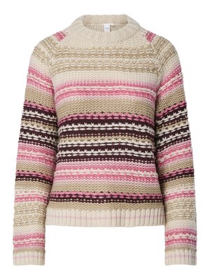 Gebreide trui in crème, roze en bruin met een ronde hals, horizontale strepen en textuurpatronen door het hele kledingstuk. Geribde boorden en zoom.