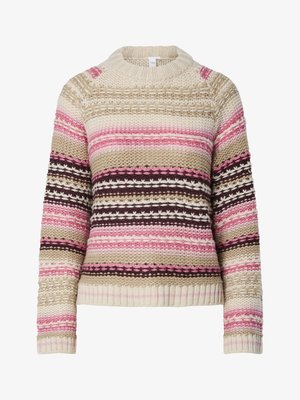 Pletený sveter v krémovej, ružovej a hnedej farbe s okrúhlym výstrihom, horizontálnymi pruhmi a textúrovanými vzormi po celom svete. Rúžkované manžety a lem.