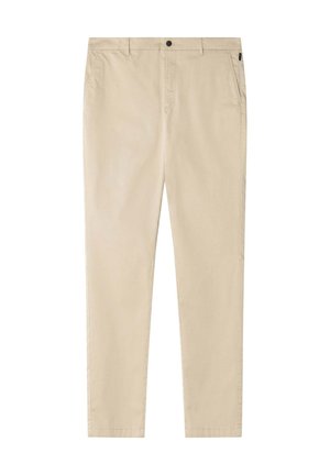 Pantaloni casual beige slim fit con passanti per cintura, chiusura con bottone e tasche laterali, mostrati distesi su sfondo bianco.