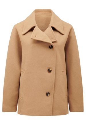 Παλτό από μείγμα καμήλας με γιακά διάσπαρτης, διπλή μπροστινή σειρά κουμπιών και δύο πλαϊνές τσέπες. Διαθέτει καφέ κουμπιά και απαλή υφή.