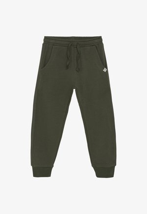 Olijfgroene sweatpants van zacht stof, met een elastische tailleband met trekkoord, zijzakken en geribbelde boorden bij de enkels.