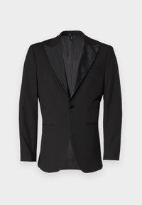 Black tuxedo jacket with satin peak lapels, single button closure, two front pockets, and a vent at the back. Smooth texture.