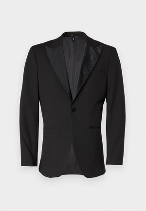 Black tuxedo jacket with satin peak lapels, single button closure, two front pockets, and a vent at the back. Smooth texture.