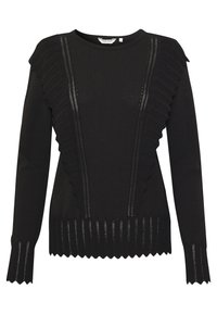 Pull noir en maille avec accents côtelés, bords festonnés aux épaules et détails découpés horizontaux sur le devant et les poignets.