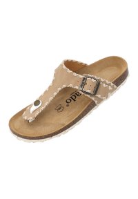 Beige sandal i mocka med en tåloopp, dekorativ sömnad och justerbar metallspänne. Korksåle med vita accenter.