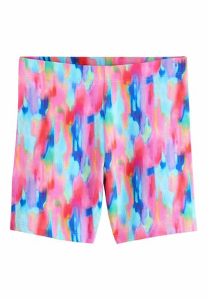 Svetlo sfarbené šortky s rozmazaným akvarelovým vzorom v odtieňoch ružovej, modrej, fialovej a oranžovej, s priliehavým elastickým pásom.
