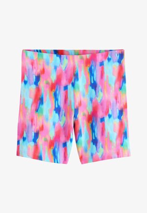 Pantaloni scurți în culori vii, cu un model difuz de acuarelă în nuanțe de roz, albastru, violet și portocaliu, având o talie elastică ajustată.