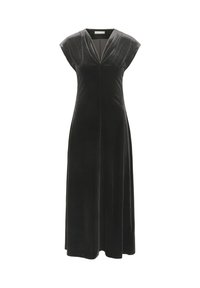 Schwarzes Samt-Ärmeloses langes Kleid mit V-Ausschnitt und leicht gerafftem Detail an der Brust, präsentiert vor einem weißen Hintergrund.