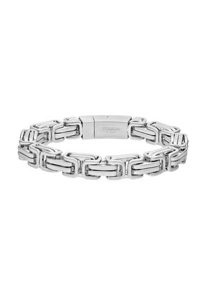 Silberfarbenes Edelstahl-Gliederarmband mit rechteckigem Verschluss, graviert mit „STEELWEAR S Steel“.