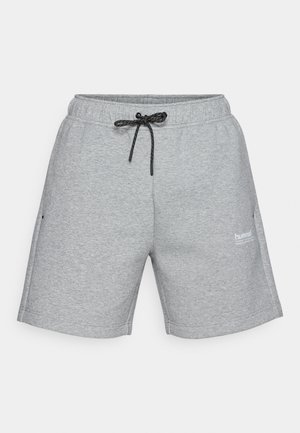 Graue knielange Sweatshorts mit elastischem Bund, schwarzem Kordelzug, Seitentaschen und kleinem weißem Markenlogo am linken Oberschenkel.