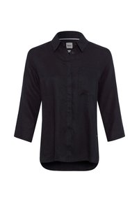 Chemise en lin noir avec col classique, une poche poitrine unique et des manches trois-quarts. Le tissu a une texture lisse et une coupe décontractée.