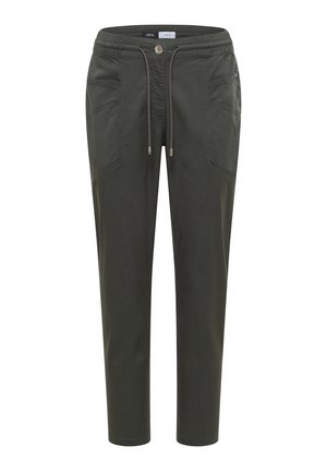 Mørkegrønne afslappede bukser med elastisk taljebånd, snøre, knaplukning og forlommer med lapper.