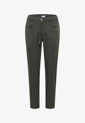 Pantalon décontracté vert foncé avec taille élastique, cordon de serrage, fermeture par bouton et poches plaquées devant.