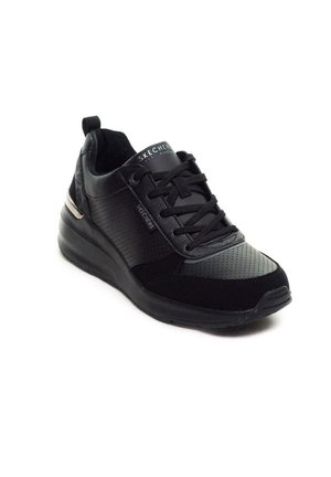 Black Skechers lace-up sneaker with perforated leather upper, thick cushioned sole, and branded tongue and side tab.