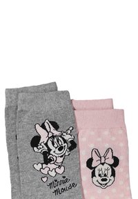 Calcetines grises y rosas con diseños de Minnie Mouse; el calcetín gris presenta un gráfico del personaje con corazones, mientras que el calcetín rosa tiene lunares y la cara del personaje.