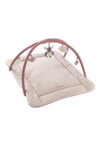 Aktivitätsmatte mit einer weichen, gepolsterten, rosa gepunkteten Matte; verfügt über einen rosa Bogen mit plüschigen Hängetoys, darunter ein graues Eselchen und Wolken.