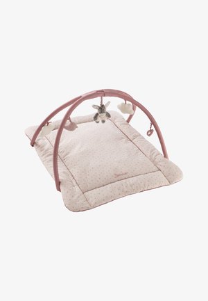 Activity gym with a soft, padded, pink dotted mat; features a pink arch with plush hanging toys, including a grey donkey and clouds.
