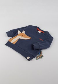 Felpa blu navy con un design di volpe marrone sulla parte anteriore, con colletto rotondo, polsini a costine e un piccolo tag con il logo in basso.