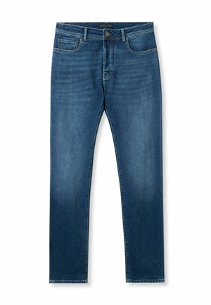 Blauwe denim spijkerbroek met een slim fit, ontwerp met vijf zakken, knoopsluiting en subtiele vervaging op de dijen en knieën.