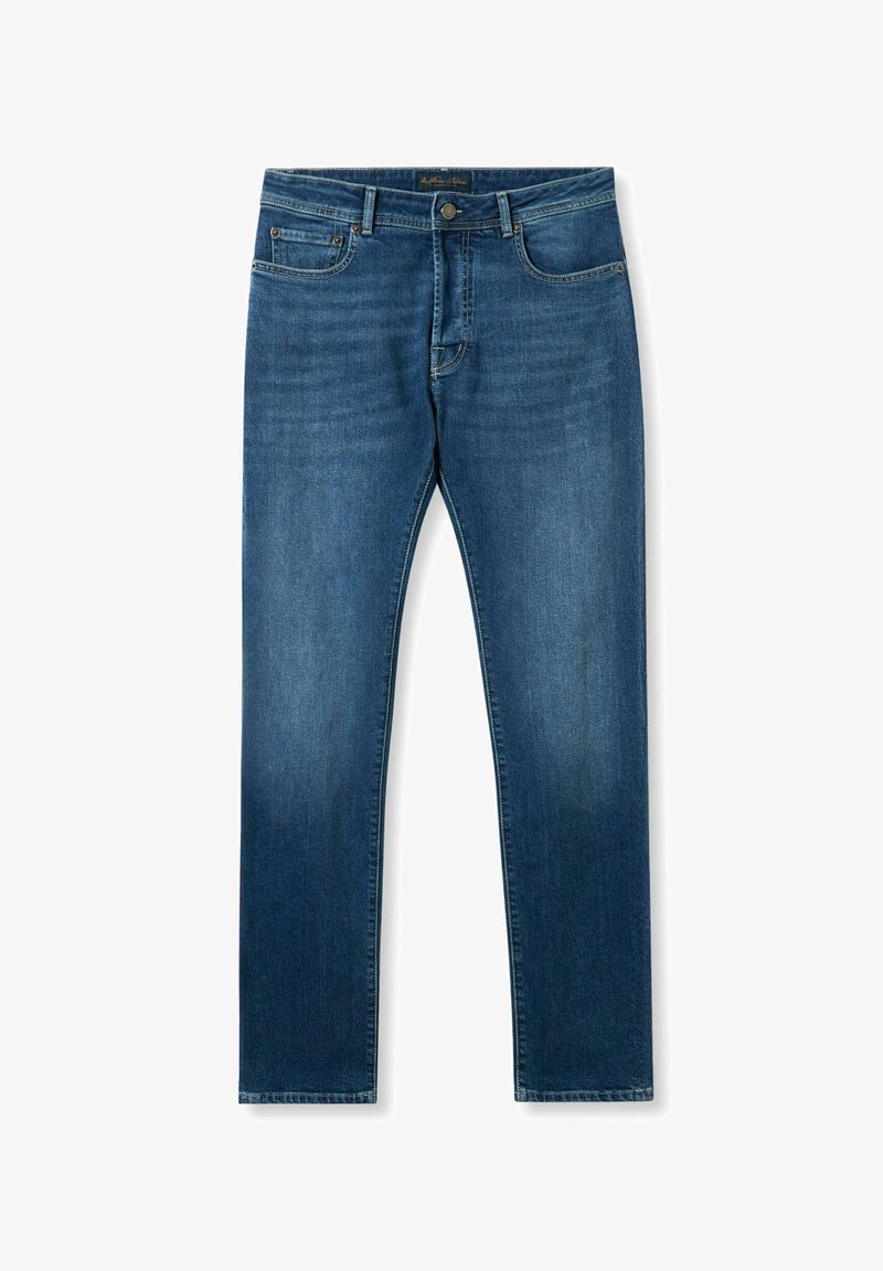 Blauwe denim spijkerbroek met een slim fit, ontwerp met vijf zakken, knoopsluiting en subtiele vervaging op de dijen en knieën.