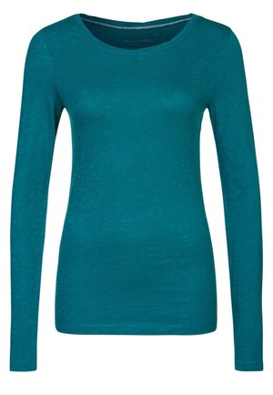 Damen Langarmshirt in Türkis mit Rundhalsausschnitt, schmaler Passform und einfarbiger Textur.