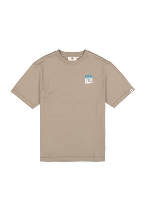 T-shirt en coton beige avec un petit motif de palmier en bleu et blanc sur le côté gauche de la poitrine. Manches courtes et col rond.
