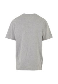 Graues Baumwoll-T-Shirt mit kurzen Ärmeln, Rundhalsausschnitt und einer glatten Textur. Keine sichtbaren Logos oder Muster auf der Rückseite.