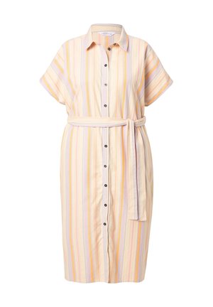 Stribet skjorte-kjole i bløde gule, lavendel og fersken nuancer. Korte ærmer, stofbælte og dekorative sorte knapper. Letvægtsmateriale.