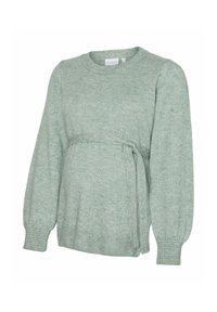 Pull de maternité vert clair tricoté avec manches longues bouffantes et détail noué sous la poitrine.