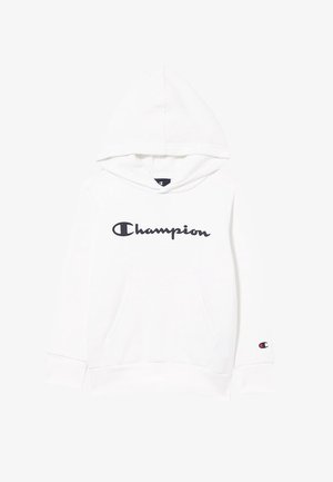 Hvid hættetrøje med kængurulomme foran, Champion-logo i sort skrift over brystet og lille rødt og sort logo på venstre ærmekant.
