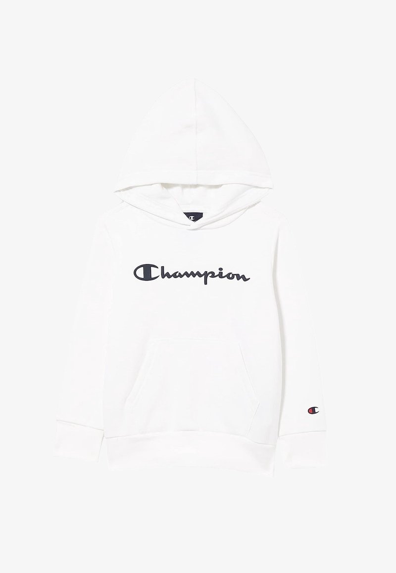 Sweat à capuche blanc avec poche kangourou à l'avant, logo Champion en écriture noire sur la poitrine et petit logo rouge et noir sur le poignet de la manche gauche.